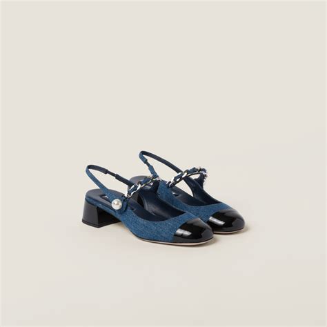 Denim and patent leather slingback pumps Denim/black 